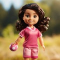 Realistic Linda Doll: Pink Soccer Uniform, Dark Hair, Hand Raised