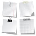 Realistic lined sticky notes with clip binder and adhesive tape. Blank note paper sheets. Information reminder. Vector