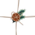 Realistic linen ropes with fir branches and dry orange slice.