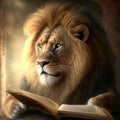 Realistic Lion Reading a Book. AI