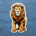 Realistic Lion Sticker On Blue Brick Wall - Vibrant Cartoonish Design