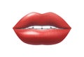 Realistic lips. 3D human mouth. Woman face part. Female bright shiny makeup, red lipstick or lipgloss color template