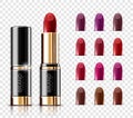 Realistic  lipstick assortment set with glossy colors  on transparent background Royalty Free Stock Photo