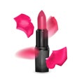 Realistic lipstick black tube on white background, lipstick of pink color, Package Design Promotion Product. Cosmetics Advertising