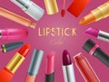 Realistic lipstick color pattern banner, countenance makeup cosmetic vector illustration. Pomade, eye shadow and Royalty Free Stock Photo