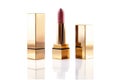 Realistic lipstick cosmetic makeup mockup set. Vector 3d pink red golden color pomade tube. Beauty fashion women gold