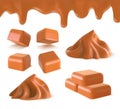 Realistic liquid caramel, cube toffee candies and peanut butter. 3D sweet melted caramel border and swirl. Condensed Royalty Free Stock Photo