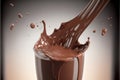 Realistic liquid chocolate or cocoa with splashes and drops is poured into a glass goblet from above close-up. Royalty Free Stock Photo