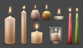 Realistic lit candles. 3d white candle with flare flame, christmas candlelight, celebration decorative wax birthday