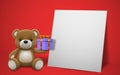 Realistic little cute smiling baby bear doll character holding a present gift and sitting on white frame with red background. An a Royalty Free Stock Photo