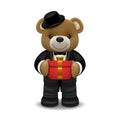 Realistic little cute smiling bear doll wear tuxedo character holding a gift box and standing isolated on white background. Valent