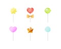 Realistic lollipops set. Collection of six transparent multicolored bright candies of different shapes on sticks