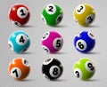 Realistic lottery bingo or keno game balls with numbers. 3d lotto or billiard ball. Lucky gambling sport, casino lottery spheres