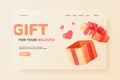 Realistic loved gift box. Render 3d opening romantic prize for valentine, template landing page, web vector illustration Royalty Free Stock Photo