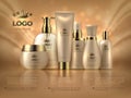 Realistic luxury cosmetic background. Skin care product golden makeup cream woman face care glossy ad. Cosmetic bottle template