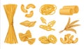 Realistic macaroni. Italian dry wheat food, different types of pasta noodles farfalle fusilli penne. Vector 3D isolated