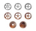 Realistic machine gear, cogwheel vector illustration set silver & rusty