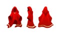 Realistic magic red cape of cloak costume, mantle of magician, mysterious costume. Red velvet robe mage. Carnival costume, mockup