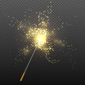 Realistic magic wand with sparkles on transparent checkered background vector illustration