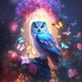 Realistic magical owl sits on a branch against a forest backdrop, bright lights and flying butterflies.