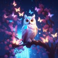 Realistic magical owl sits on a branch against a forest backdrop, bright lights and flying butterflies.