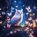 Realistic magical owl sits on a branch against a forest backdrop, bright lights and flying butterflies.