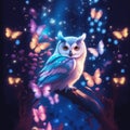 Realistic magical owl sits on a branch against a forest backdrop, bright lights and flying butterflies.