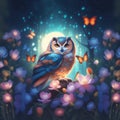 Realistic magical owl sits on a branch against a forest backdrop, bright lights and flying butterflies.