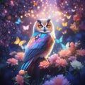 Realistic magical owl sits on a branch against a forest backdrop, bright lights and flying butterflies.