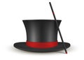 Realistic magician hat black cylinder with red ribbon vector soccer headdress with magic stick