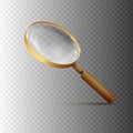 Realistic magnifying glass in gold frame isolated on transparent background. Royalty Free Stock Photo