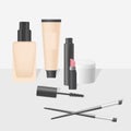 Realistic makeup and cosmetics products and tools. Lipstic, brushes, mascara, powder and mascara.