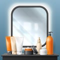 Realistic makeup mirror. Cosmetic products on dressing table. Beauty salon accessories. Light illumination frame of