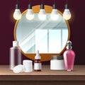 Realistic makeup mirror. Salon round mirror in wooden frame and light bulbs illumination, dressing room, vanity table