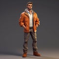 Realistic Male Game Character In Orange Jacket And Jeans