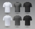Realistic male t-shirt. White and black mockup, front and back view 3D isolated design template. Vector sport wear and Royalty Free Stock Photo