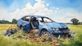 Realistic Manga-inspired Painting Of Damaged Blue Car On Farm