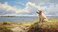 Realistic Marine Painting Of A Dog Sitting By The Water