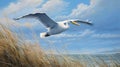 Realistic Marine Paintings: Bird Flying Over Grass