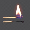 Realistic match stick closeup isolated on transparency grid background. Whole and burnt matchstick. Stages of burning