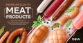 Realistic meat poster. Different types sausages advertising banner, smoked and boiled, ham and gourmet salami, natural Royalty Free Stock Photo