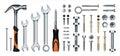 Realistic mechanic tools. 3D construction instrument set. Metal wrench and hummer, isolated screwdriver. Iron nails or screws with