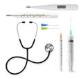 Realistic medical instruments. 3d hospital diagnostic and treatment tools, doctors and nurses equipment, stethoscope and