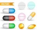 Realistic Medical pill capsule set. 3d drugs and tablets collection. Medicines Antibiotics, vinamines, fish oils