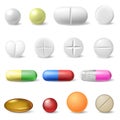 Realistic medical pills. Medicine healthcare vitamins and antibiotics capsule, pharmaceutical painkiller drugs isolated