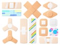 Realistic medical plasters. Different shapes and colors sticky bandages, antibacterial 3d wounds patches, isolated