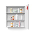 Realistic medicine cabinet. 3D home first aid kit. Shelves with drugs bottles and blisters with pills. Ampoules and jars Royalty Free Stock Photo