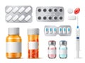 Realistic medicine pills bottles. Pharmaceutical containers with vitamins or drugs. Tablets in blisters. Syringe and Royalty Free Stock Photo