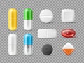 Realistic medicine pills. Different form dose vitamins and remedy. Painkiller and antibiotic capsules. 3d medicaments
