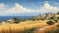 Realistic Mediterranean Landscape Painting With Greek Island Grove And Wheat Fields